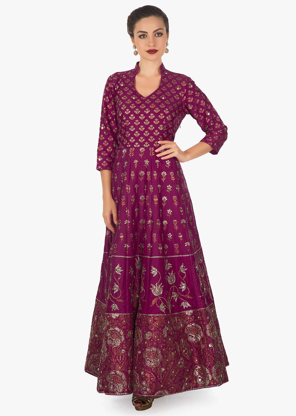 Rani pink floral print cotton anarkali embellished with sequin and cut dana only on kalki