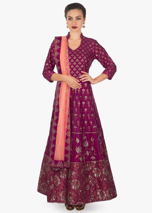 Rani pink floral print cotton anarkali embellished with sequin and cut dana only on kalki