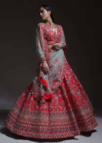 Carmine Red Heavy Embroidered Lehenga With Resham Embroidered Floral Vines And Heritage Border