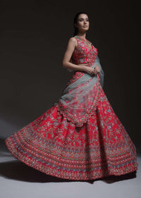 Carmine Red Heavy Embroidered Lehenga With Resham Embroidered Floral Vines And Heritage Border