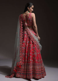 Carmine Red Heavy Embroidered Lehenga With Resham Embroidered Floral Vines And Heritage Border