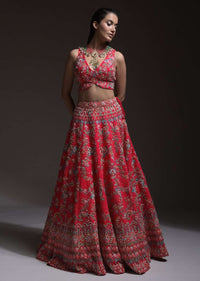 Carmine Red Heavy Embroidered Lehenga With Resham Embroidered Floral Vines And Heritage Border