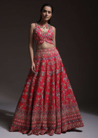 Carmine Red Heavy Embroidered Lehenga With Resham Embroidered Floral Vines And Heritage Border