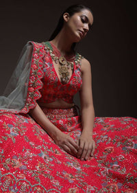 Carmine Red Heavy Embroidered Lehenga With Resham Embroidered Floral Vines And Heritage Border
