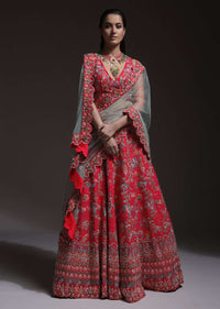 Carmine Red Heavy Embroidered Lehenga With Resham Embroidered Floral Vines And Heritage Border