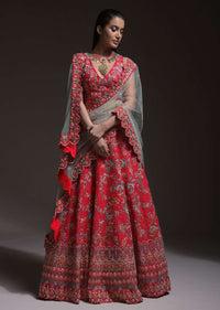 Carmine Red Heavy Embroidered Lehenga With Resham Embroidered Floral Vines And Heritage Border