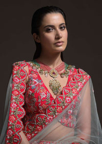 Carmine Red Heavy Embroidered Lehenga With Resham Embroidered Floral Vines And Heritage Border