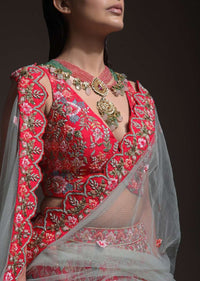 Carmine Red Heavy Embroidered Lehenga With Resham Embroidered Floral Vines And Heritage Border