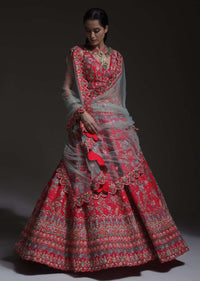 Carmine Red Heavy Embroidered Lehenga With Resham Embroidered Floral Vines And Heritage Border