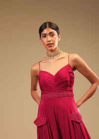 Rani Pink Jumpsuit In Crepe With Tiered Flare, Pleated Bodice And 3D Embroidered Belt And Pocket Detail