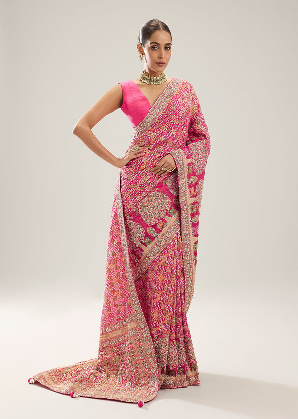 Rani Pink Khaddi Bandhani Saree With Heavy Zardosi Border
