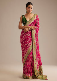 Rani Pink Khaddi Georgette Bandhani Saree With Zari Multicolor Embroidery