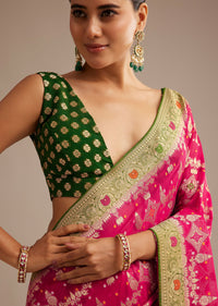 Rani Pink Khaddi Georgette Bandhani Saree With Zari Multicolor Embroidery