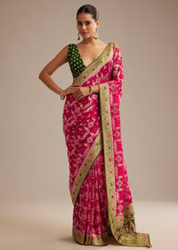 Rani Pink Khaddi Georgette Bandhani Saree With Zari Multicolor Embroidery