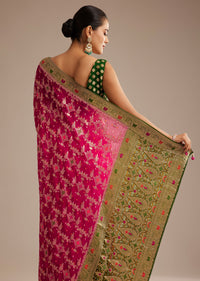 Rani Pink Khaddi Georgette Bandhani Saree With Zari Multicolor Embroidery