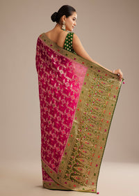 Rani Pink Khaddi Georgette Bandhani Saree With Zari Multicolor Embroidery