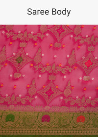 Rani Pink Khaddi Georgette Bandhani Saree With Zari Multicolor Embroidery