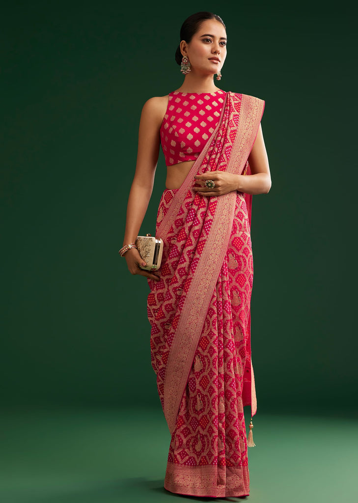 Rani Pink Khaddi Georgette Saree With Zari Woven Jaal Work