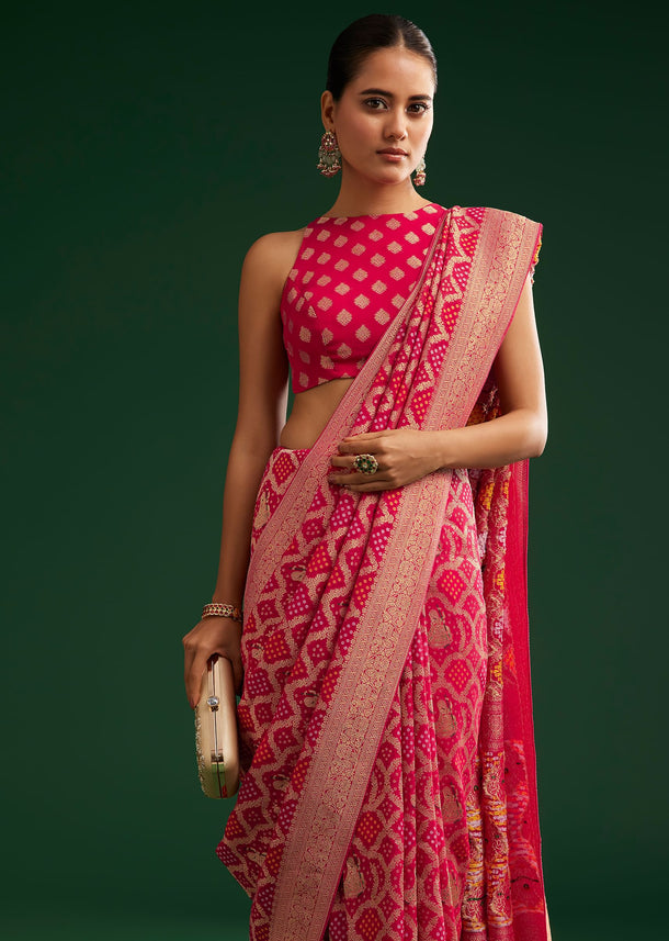 Rani Pink Khaddi Georgette Saree With Zari Woven Jaal Work