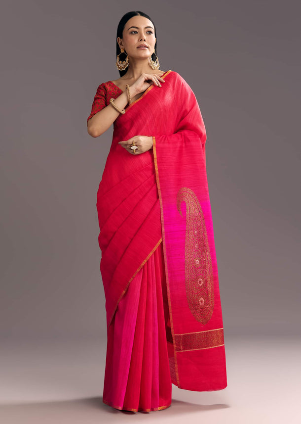 Rani Pink Kora Silk Handloom Saree With Woven Motif