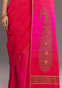 Rani Pink Kora Silk Handloom Saree With Woven Motif