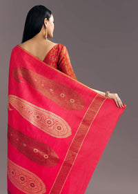 Rani Pink Kora Silk Handloom Saree With Woven Motif