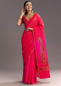 Rani Pink Kora Silk Handloom Saree With Woven Motif