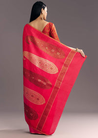 Rani Pink Kora Silk Handloom Saree With Woven Motif