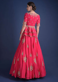 Fuschia Rose Lehenga And Peplum Top With Hand Embroidered Embossed Work