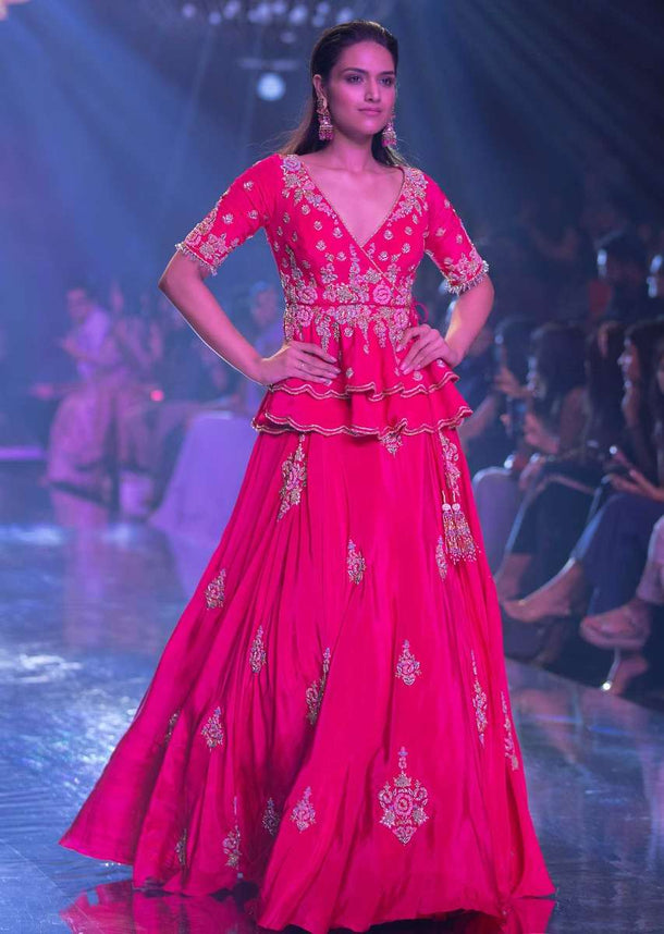 Fuschia Rose Lehenga And Peplum Top With Hand Embroidered Embossed Work