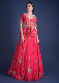 Fuschia Rose Lehenga And Peplum Top With Hand Embroidered Embossed Work