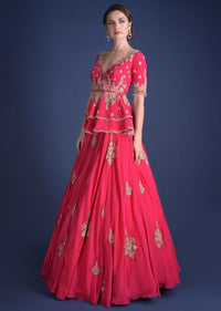 Fuschia Rose Lehenga And Peplum Top With Hand Embroidered Embossed Work