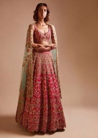 Rani Pink Lehenga And Sweetheart Cut Choli In Raw Silk Hand Embroidered With Zardosi And Sequins Work In Moroccan And Floral Jaal Design