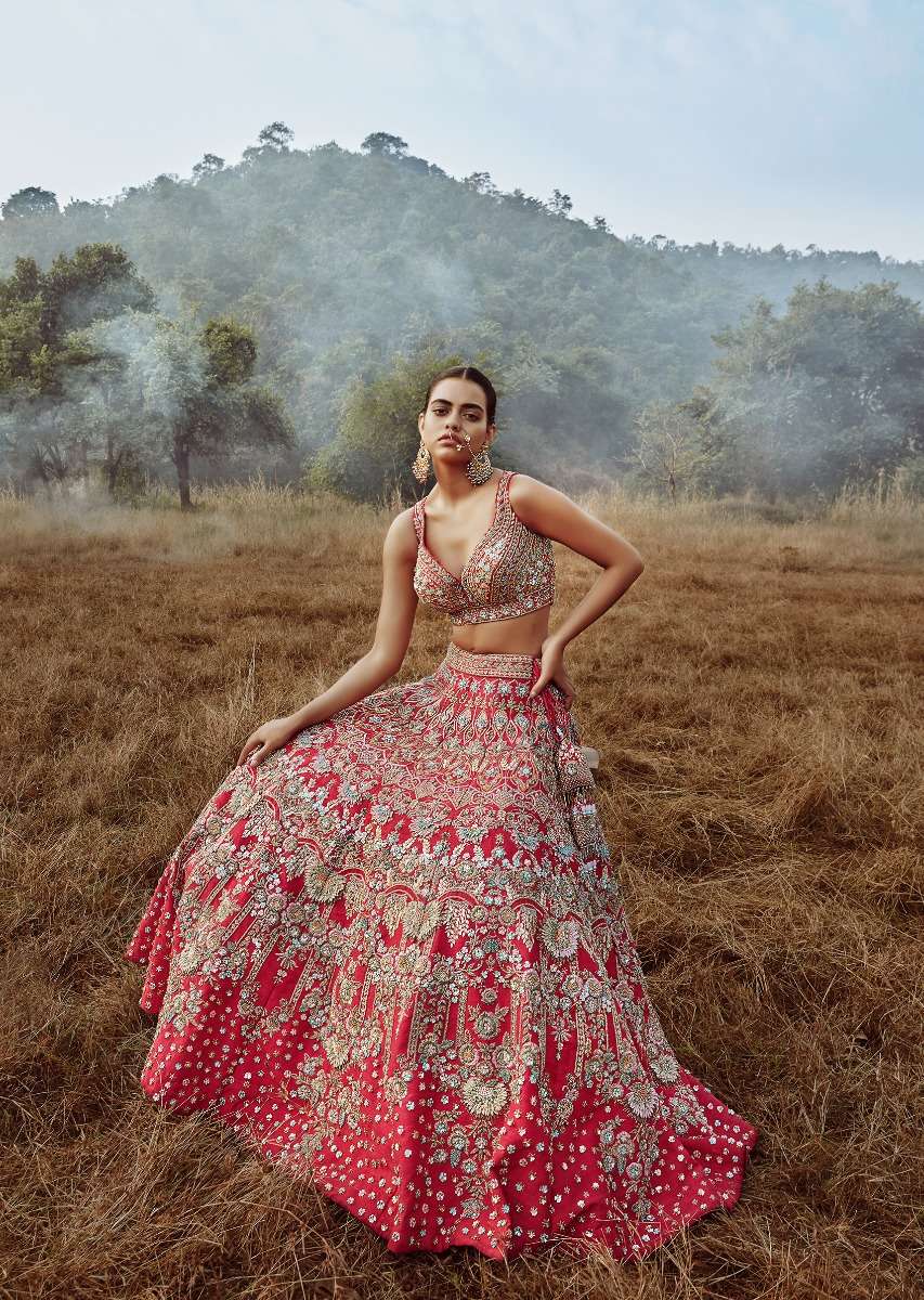 Rani Pink Lehenga Choli In Raw Silk With 3D Flowers And Cut Dana Embroidered Summertime Flowers And Chandelier Motifs