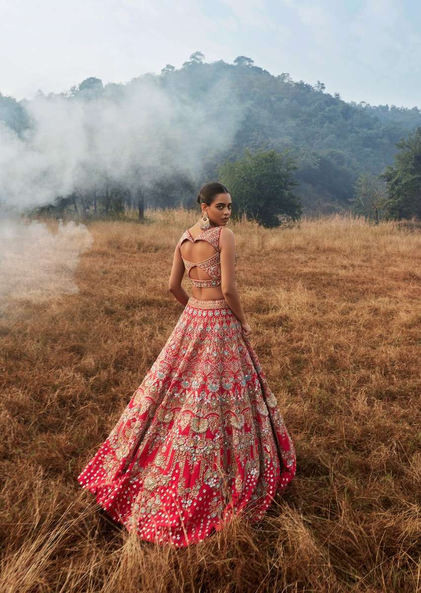 Rani Pink Lehenga Choli In Raw Silk With 3D Flowers And Cut Dana Embroidered Summertime Flowers And Chandelier Motifs