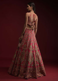 Rani Pink Lehenga Choli In Raw Silk With Hand Embossed Embroidery In Chandelier And Floral Motifs Online - Kalki Fashion