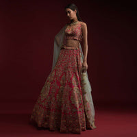 Rani Pink Lehenga Choli In Raw Silk With Hand Embossed Embroidery In Chandelier And Floral Motifs Online - Kalki Fashion