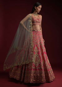 Rani Pink Lehenga Choli In Raw Silk With Hand Embossed Embroidery In Chandelier And Floral Motifs Online - Kalki Fashion