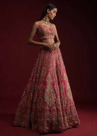 Rani Pink Lehenga Choli In Raw Silk With Hand Embossed Embroidery In Chandelier And Floral Motifs Online - Kalki Fashion