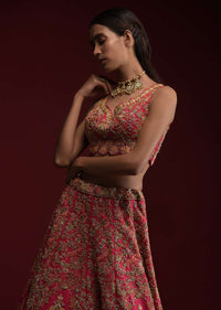 Rani Pink Lehenga Choli In Raw Silk With Hand Embossed Embroidery In Chandelier And Floral Motifs Online - Kalki Fashion