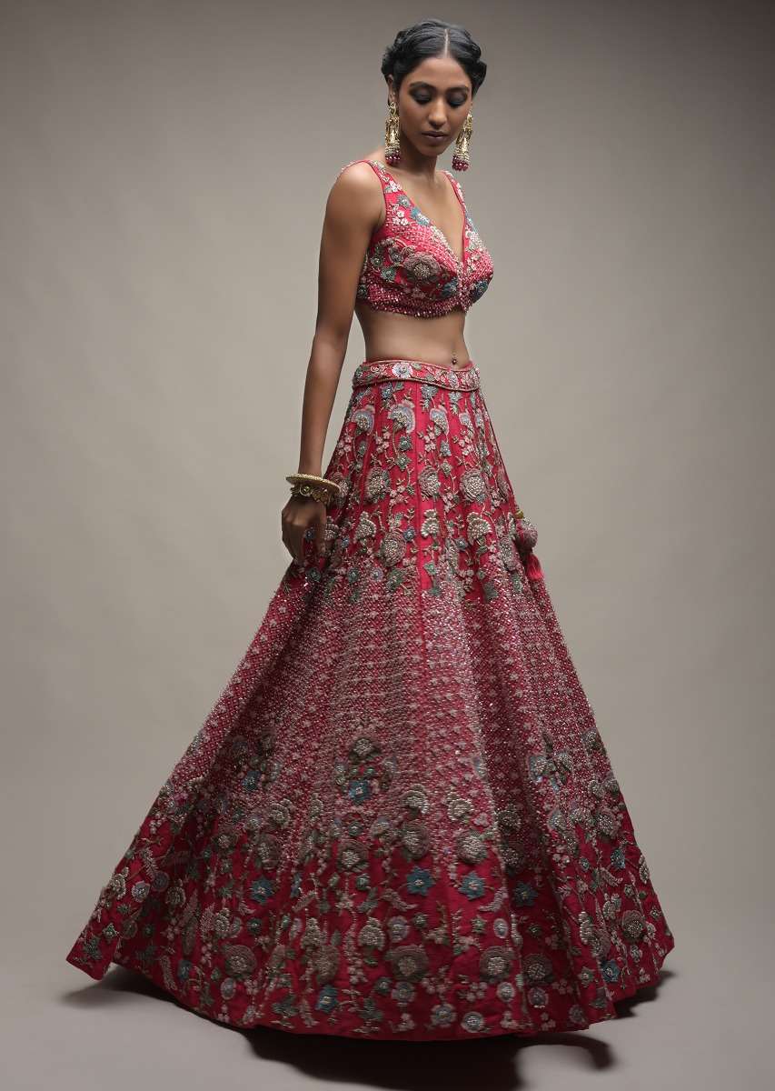 Crimson Red Lehenga Choli In Raw Silk With Resham And Cut Dana Embroidered Geometric And Summer Blossoms