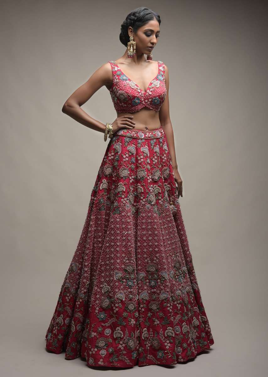 Crimson Red Lehenga Choli In Raw Silk With Resham And Cut Dana Embroidered Geometric And Summer Blossoms