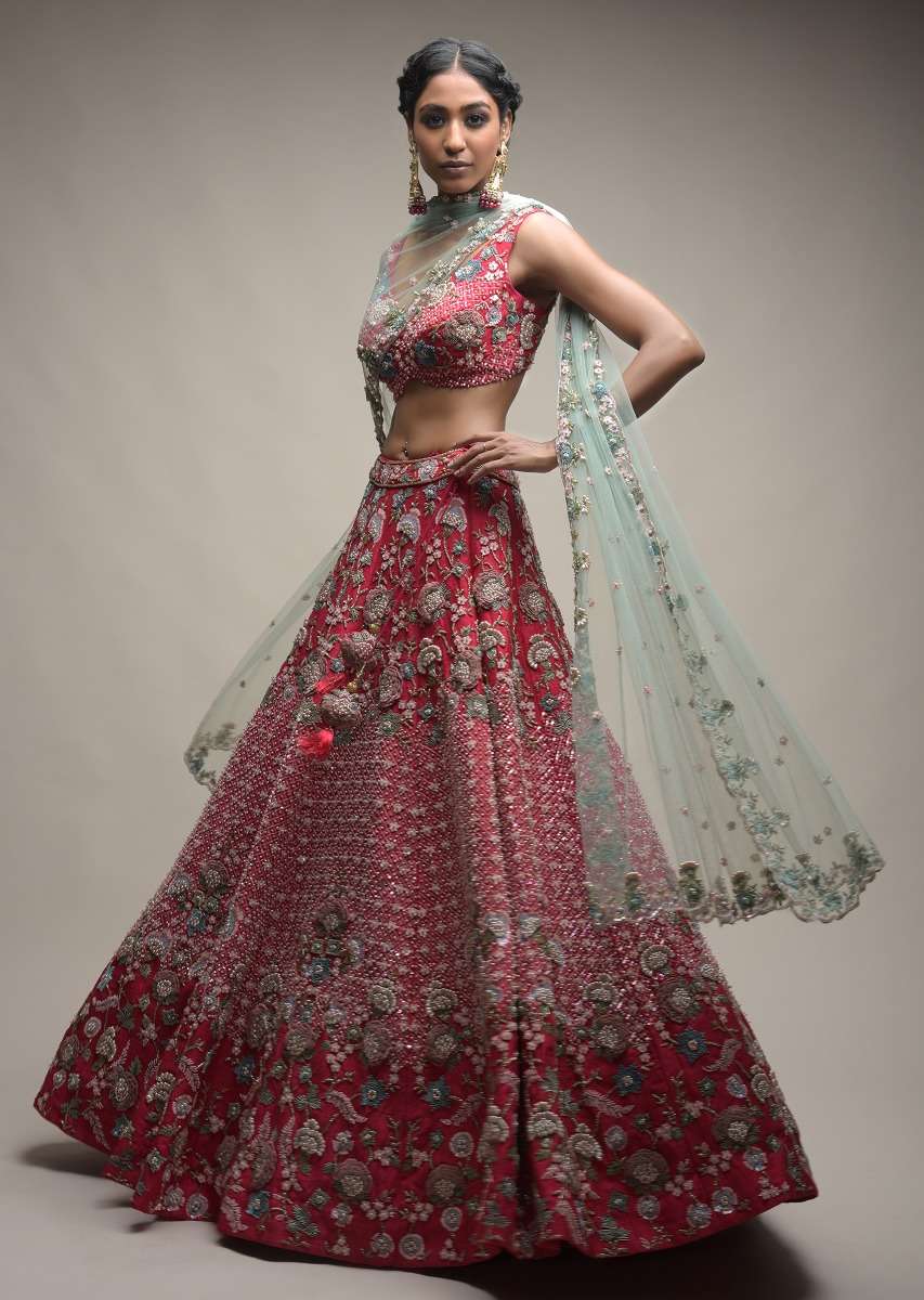 Crimson Red Lehenga Choli In Raw Silk With Resham And Cut Dana Embroidered Geometric And Summer Blossoms