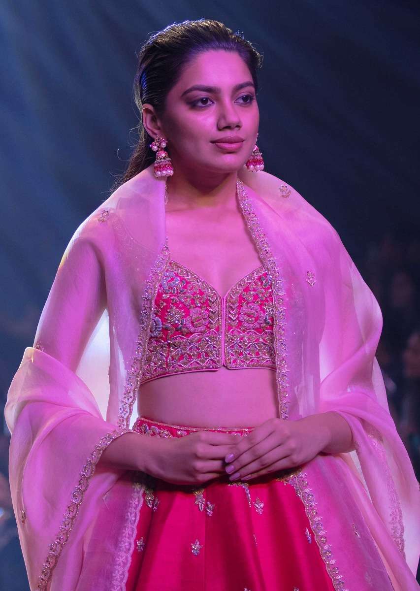 Fuschia Rose Lehenga Choli With Hand Embroidered Buttis In Embossed Embroidery