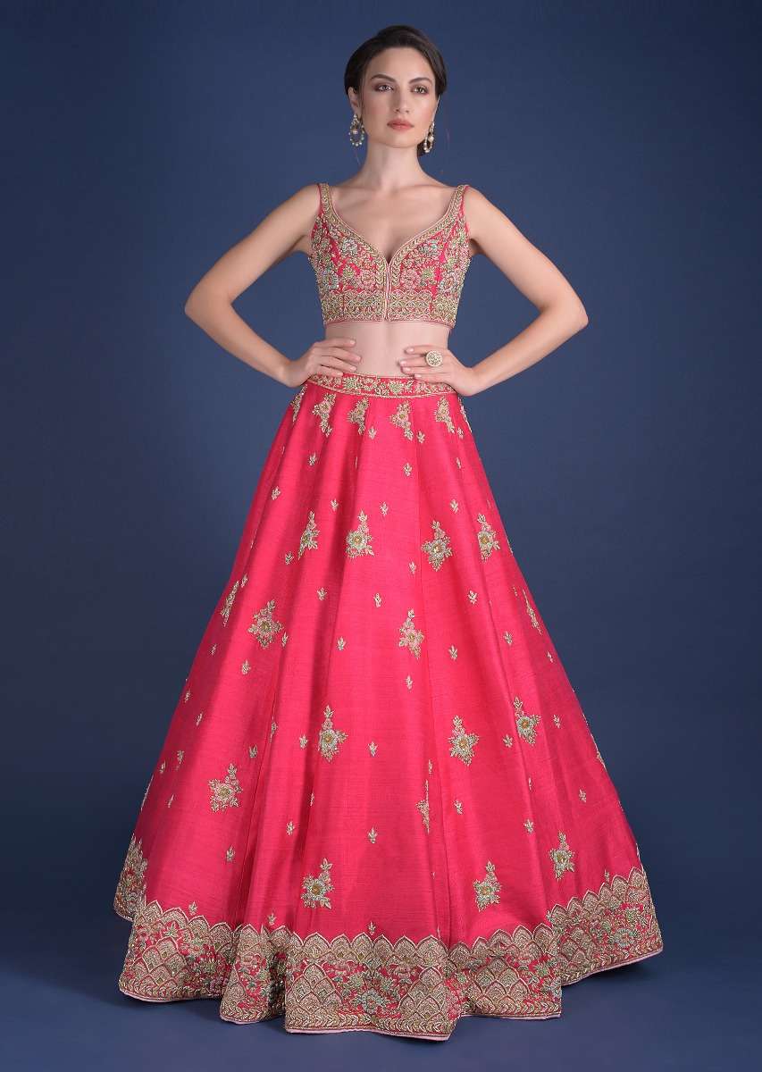 Fuschia Rose Lehenga Choli With Hand Embroidered Buttis In Embossed Embroidery