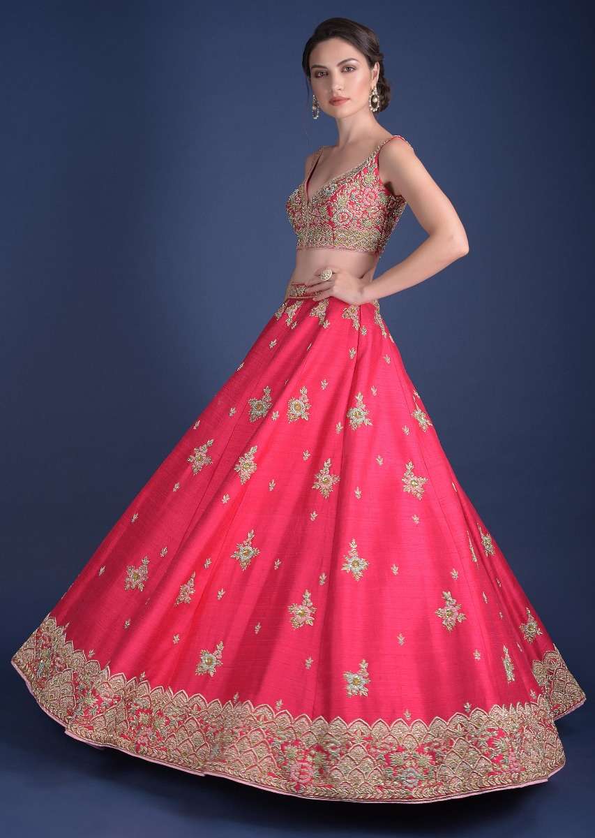 Fuschia Rose Lehenga Choli With Hand Embroidered Buttis In Embossed Embroidery