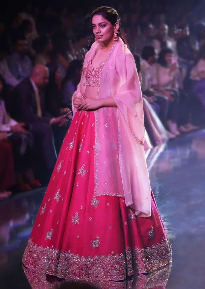 Fuschia Rose Lehenga Choli With Hand Embroidered Buttis In Embossed Embroidery