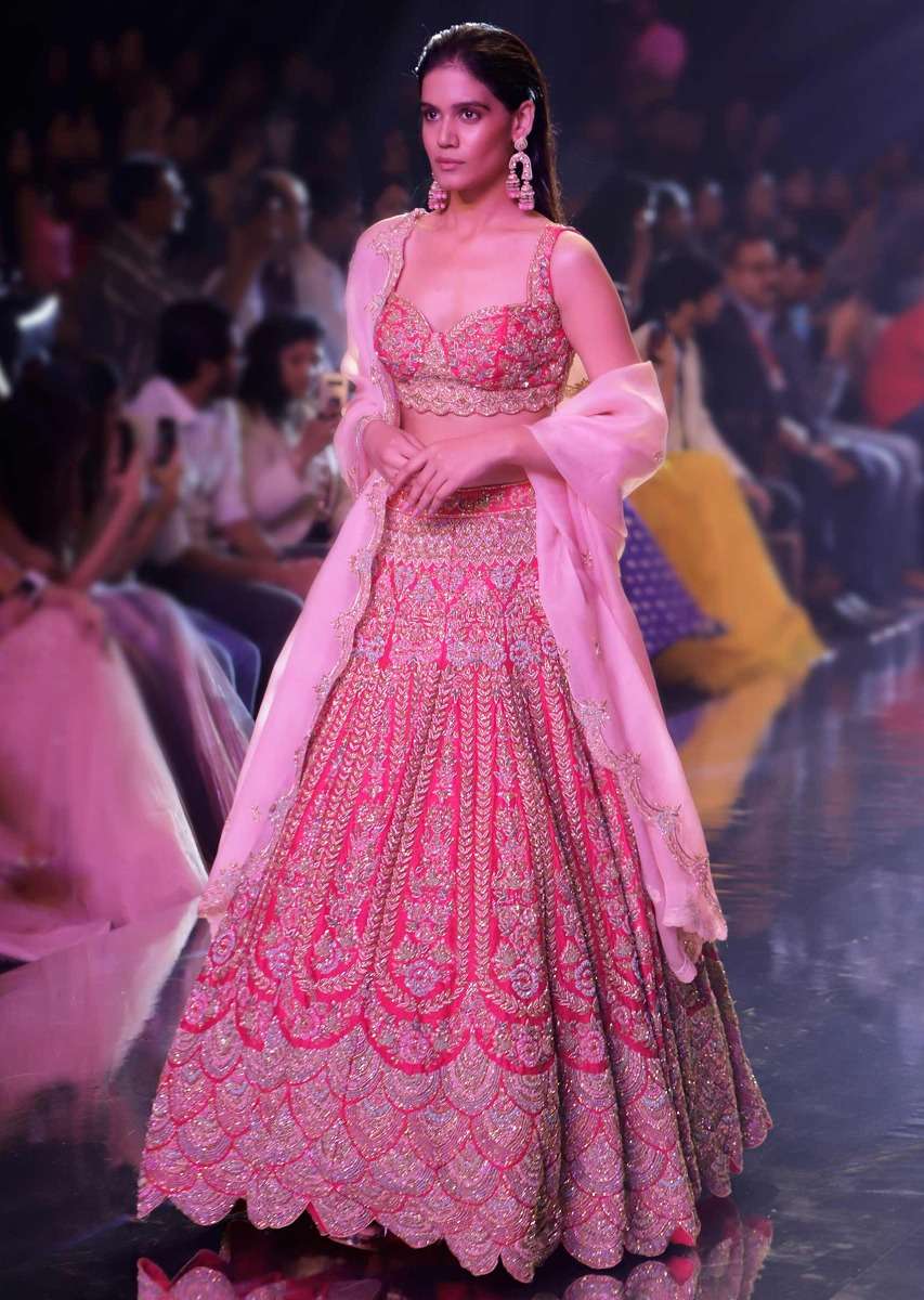 Fuschia Rose Lehenga Choli With Heavy Embossed Floral Embroidery In Kali Pattern