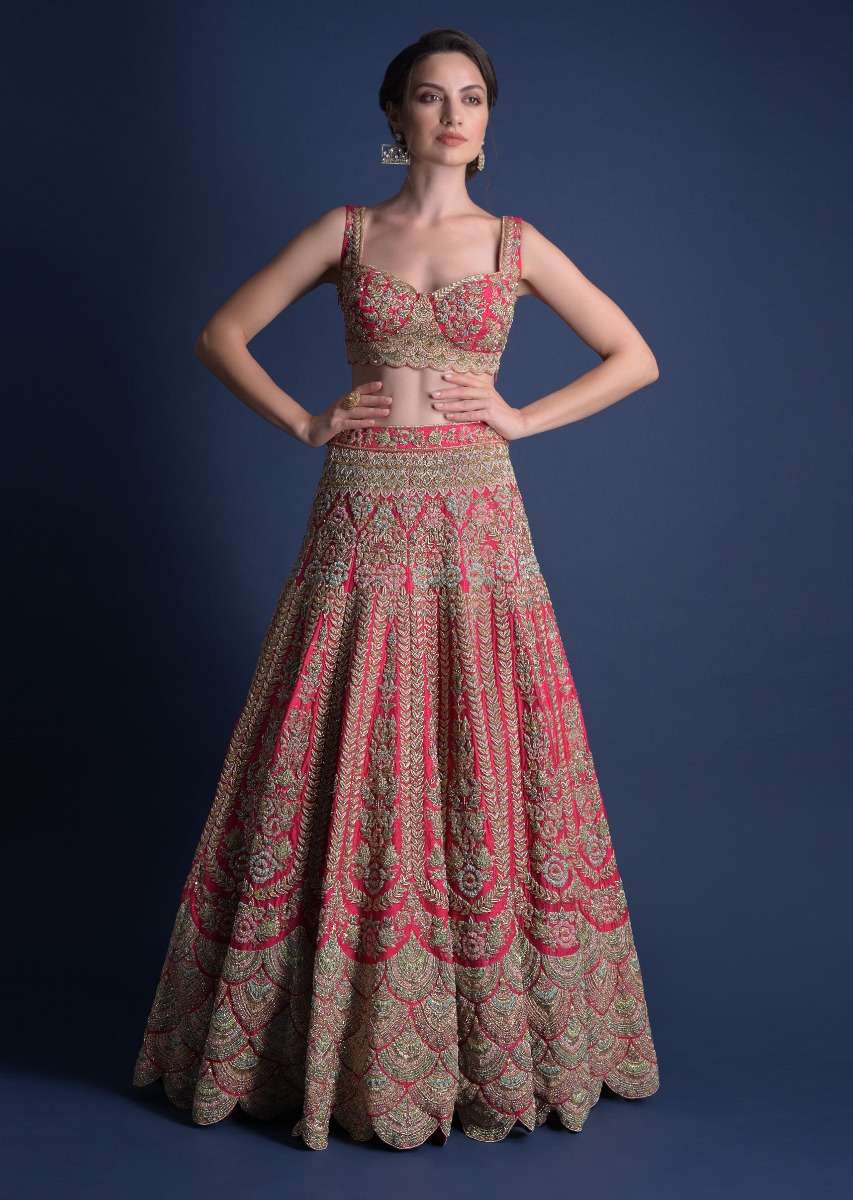 Fuschia Rose Lehenga Choli With Heavy Embossed Floral Embroidery In Kali Pattern