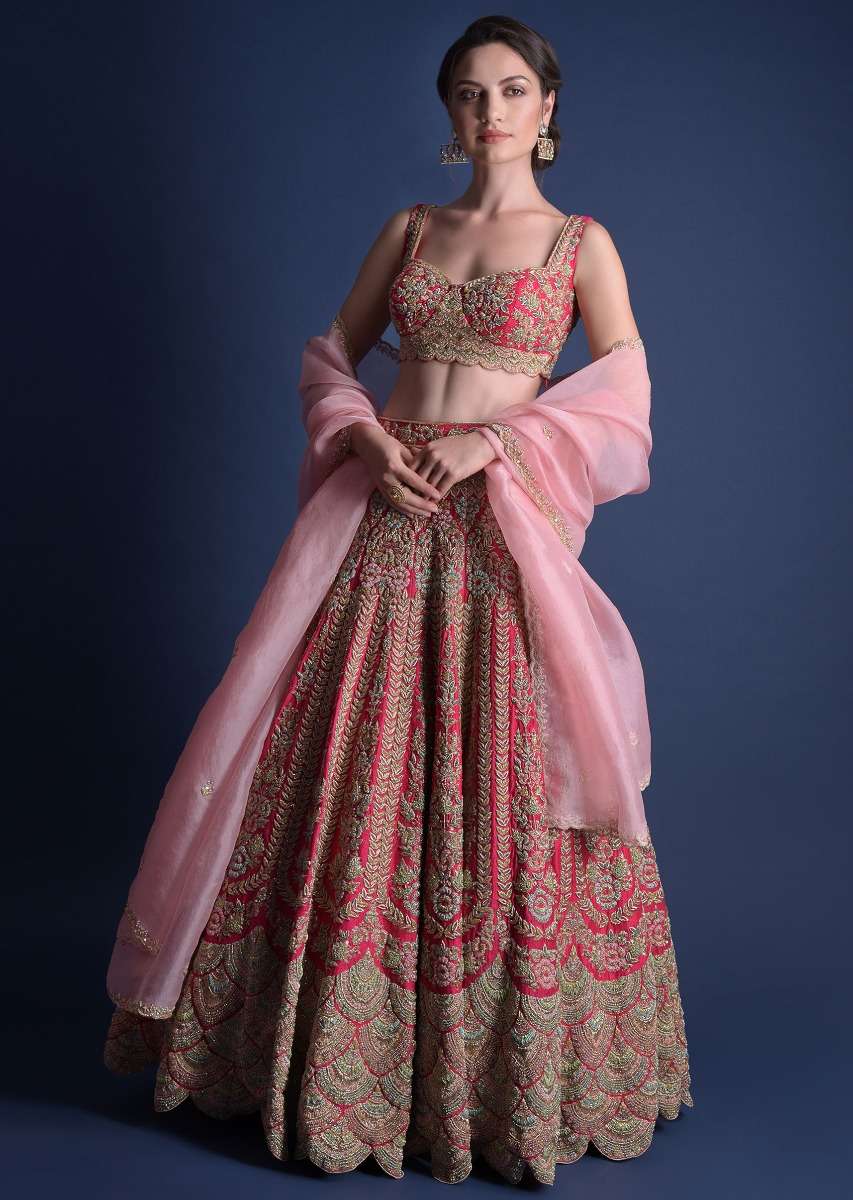 Fuschia Rose Lehenga Choli With Heavy Embossed Floral Embroidery In Kali Pattern